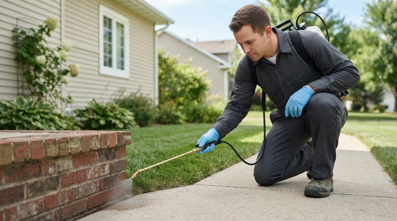 Pest control technician treating a home near Saint Libory, IL