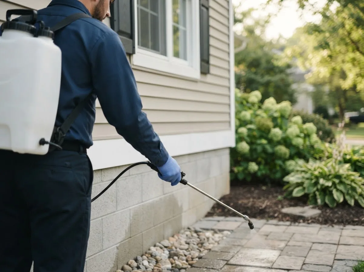 Pest control technician inspecting a home in Saint Libory, IL